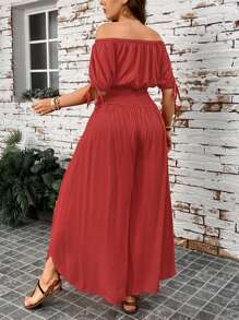 SHEIN LUNE Plus Off Shoulder Crop Top & Shirred Waist Wide Leg Pants - Red - View 7