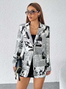 SHEIN PETITE Áo khoác nữ in báo mùa thu thời trang đường phố dệt kim - Đen và trắng - Xem 1