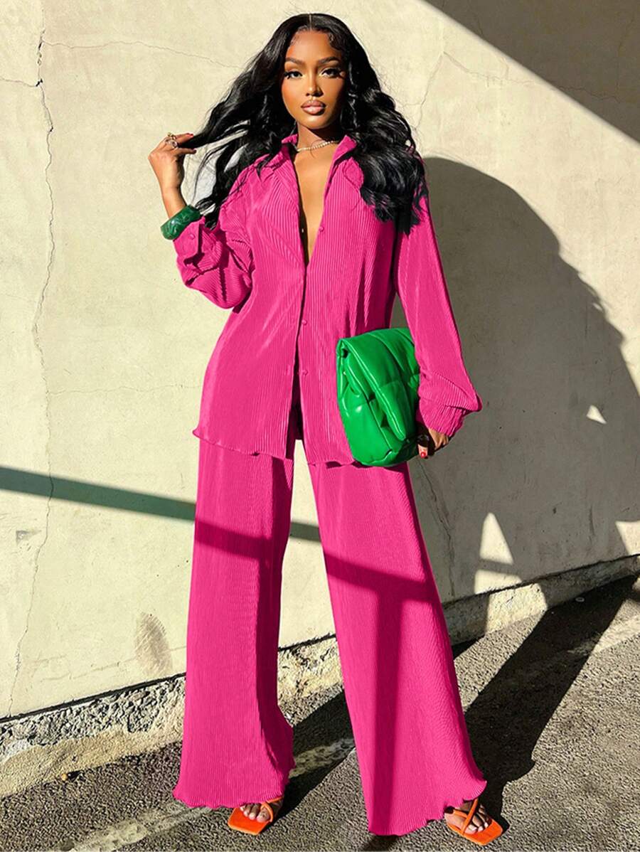 2pcs Women's Fashionable Pleated Shirt And Comfortable Wide-Leg Pants Set, Casual, Ladies Spring/Fall Casual Pocket, Zipper Long Sleeve Loose Blouse Pants Women Two-Piece Outfits, Casual Daily Wear - 西瓜粉 - 查看 1