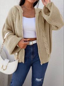 RueChic 大碼麻花編織落肩袖連帽開襟衫 - 駝色 - 查看 1