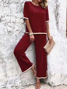 Women's Fashion Knitted Short Sleeve Set - Burgundy - View 3