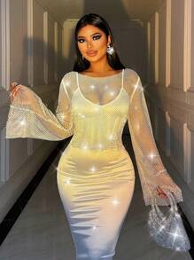 Zolique 女士时尚派对闪光水钻华丽镂空透明宽袖口上衣 - 白色 - 查看 4