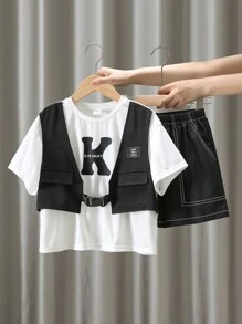 2pcs Young Boys' Fashionable Casual Sports Wear Set, Including Oversized Drop Shoulder Short-Sleeved White T-Shirt With English Print And White Stitched Black Shorts, Suitable For Travel And School In Spring, Autumn, And Winter - Black and White - View 3