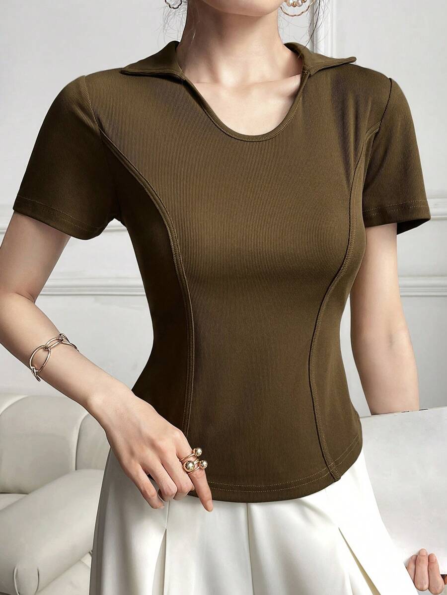 Mulvari T-shirt en maille côtelée unicolore pour l'été - Tabac - Voir 1