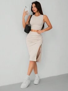 SHEIN PETITE Apricot Knitted Gathered Drawstring Two-Piece Set - Apricot - View 4