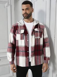 Manfinity Homme Men Plus Plaid Print Drawstring Hooded Shacket Colorful Casual Going Out Shacket - Burgundy - View 3