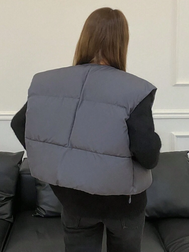 Solid Color Loose Fit Sleeveless Padded Coat With Zipper And Pockets For Women ,Winter Women Clothes,Winter Coat Women Jacket Vest