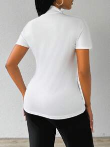 SHEIN Slayr Women's Summer Solid Color Stand Collar Short Sleeve Casual T-Shirt - White - View 2