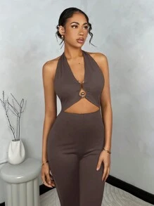 SHEIN BAE Bộ áo liền quần bó sát dây trang trí bằng kim loại có chi tiết cutout dành cho nữ - Cà phê nâu - Xem 5