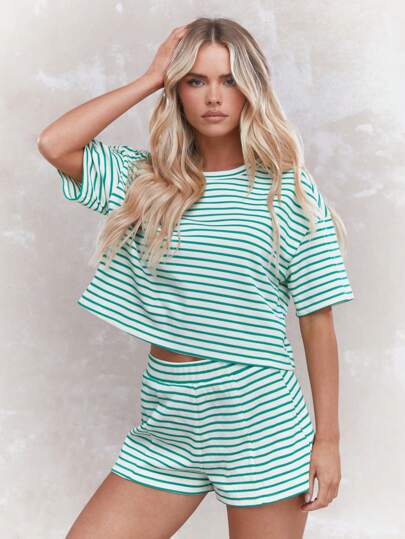 MISSGUIDED St. Patrick'S Day Stripe Knit Loungewear Set Lucky Charm Green Irish-Themed Casual Short Sleeve Crop Top And Shorts Two Piece Summer Outfit Christmas