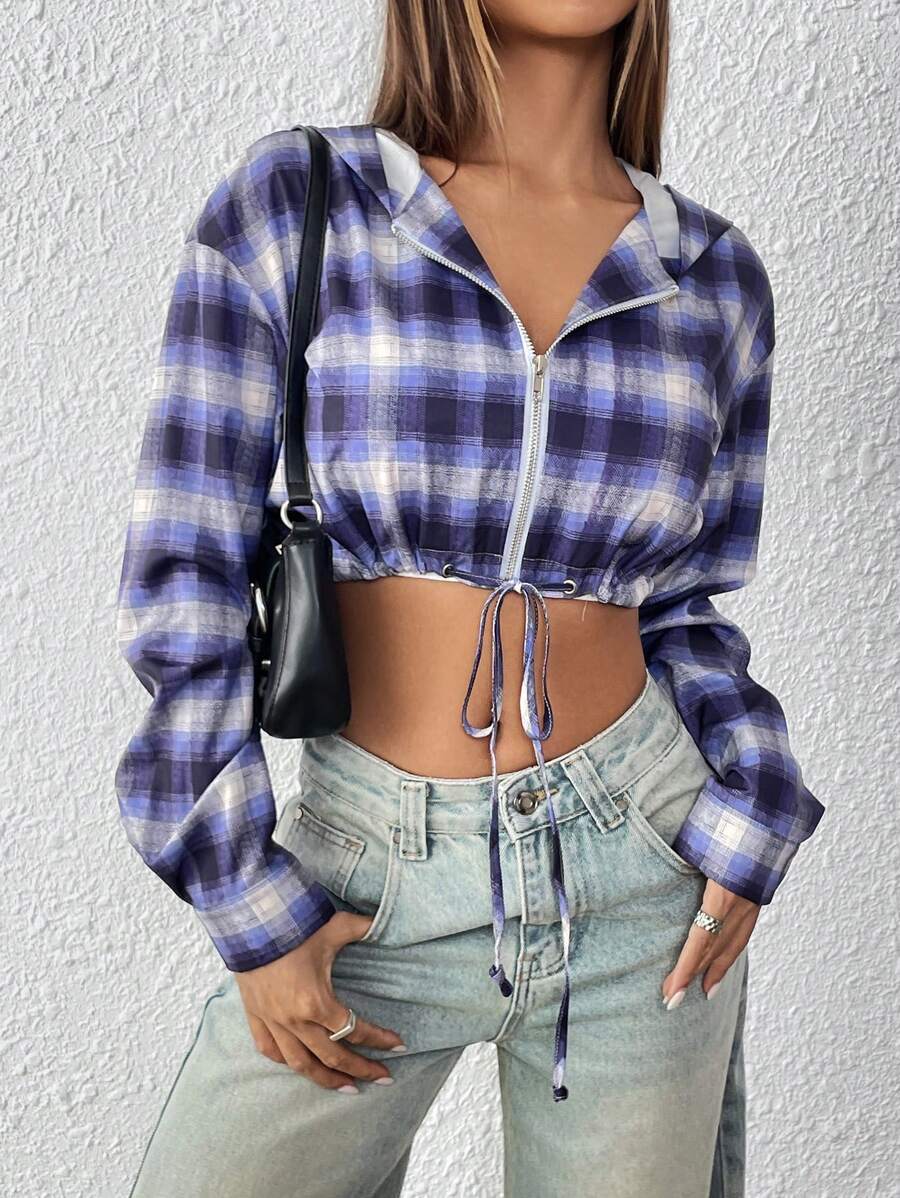 SHEIN Unity Plaid Print Drop Shoulder Drawstring Hem Crop Hooded Jacket - Multicolor - View 1