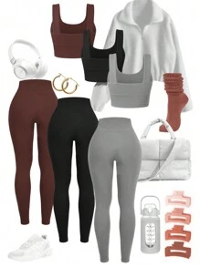 Easithlete 女士纯色宽肩带上衣和无缝高腰及裤子运动套装，健身服健身女士套装 - 彩色 - 查看 2