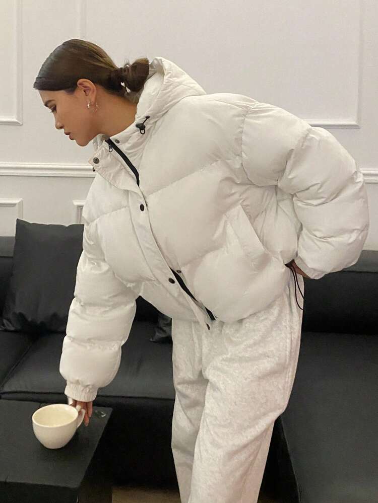 Ladies' Hooded Loose Cardigan Long Sleeve Padded Coat, Ladies Winter Casual Drawstring, Pocket, Zipper Drop Shoulder Hooded Loose White Plain Women Padded Coats, Winter Warmth/ Winter Fashion,Winter Women Clothes,Padded Coat Women Jacket