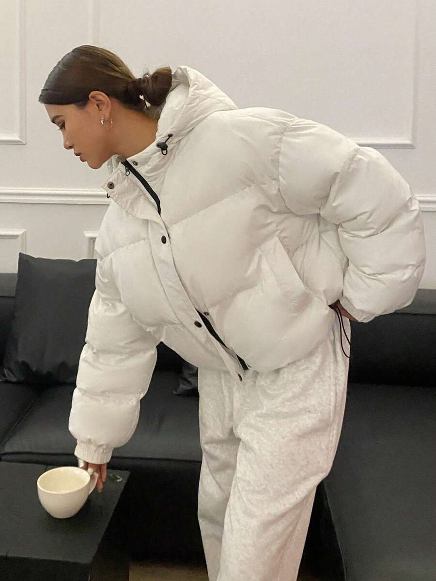 Livesso 女士连帽宽松开衫长袖棉衣，女士冬季休闲抽绳、口袋、拉链落肩连帽宽松白色纯色女士棉衣，冬季保暖/冬季时尚，冬季女装，棉衣女士夹克 - 白色 - 查看 1