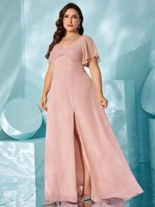 UNITHORSE Plus Size V-Neck Flounce Sleeve Chiffon Dress With Back Bow Tie, Elegant And Stylish, Split Design For Elongating Legs, Graceful And Dynamic Evening Dress Bridesmaid Dress
