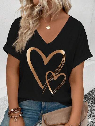 INAWLY Plus Size V-ringad t-shirt med vikta ärmar och hjärttryck, grafisk t-shirt, sommartopp för kvinnor