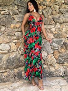 SHEIN SXY 熱帶印花闊腳連身褲，夏日假期必備 - 彩色 - 查看 3