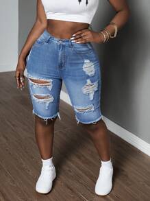 SHEIN Slayr Ripped Raw Hem Denim Shorts For Dailywear