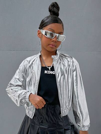 SHEIN Tween Girl Everyday Casual Woven Solid Color Long Sleeve Short Jacket Coat,In Fall/Winter