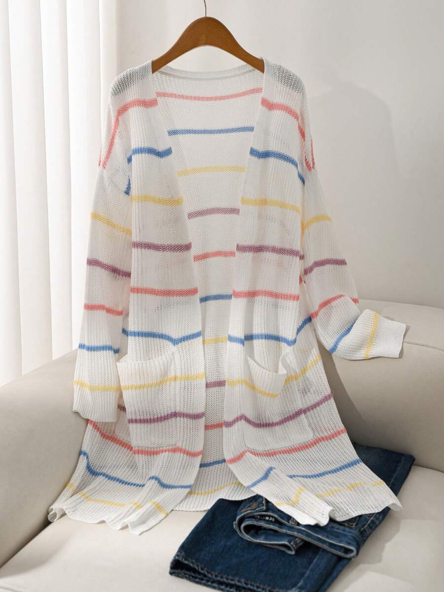 SHEIN Essnce Plus Size Loose Long Sleeve Striped Cardigan In Multiple Colors - Multicolor - View 1