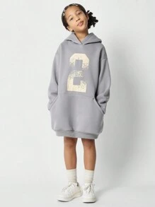 SUMWON College-Stil Nummer Zwei Hoodie Kleid, sportiv langes Loungewear gemütlicher Pullover Sweatshirt, Herbst Winter Athleisure Trainingsanzug-Stil