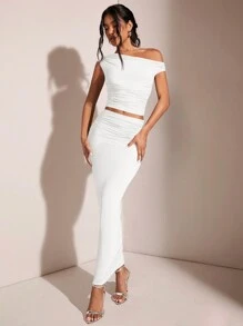 SHEIN BAE Women's Solid Color Simple Daily Asymmetrical Neck Top And Skirt Set - White - View 4