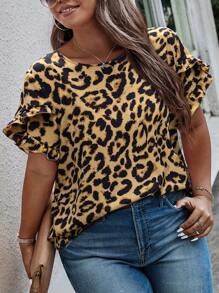 Calvaya Plus Size Summer Fashion Leopard Print Ruffle Trim Cap Sleeve Blouse - Brown - View 4