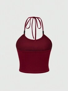 ROMWE Goth Wings Print Halter Top For Summer - Burgundy - View 4