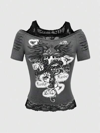 Grunge Punk Letter Graphic Contrast Lace Cold Shoulder Tee, School