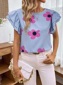 SHEIN LUNE Women's Colorful Flower Printed Simple Daily Shirt - Blue - View 7