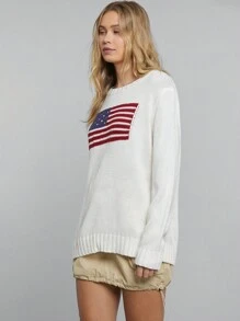 Easelle Women 4th Of July American Flag Pattern Round Neck Casual Long Sleeve Sweater