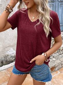 EMERY ROSE Solid V Neck Casual Short Sleeve Tee For Summer - Burgundy - View 4