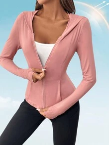 SHEIN LUNE High-End Women's Fitness Jacket, Outdoor Running Slimming Pink Long Sleeve Hooded Summer / Early Autumn Sports Sunscreen Coat With UV Protection And Cooling Comfort Fall Clothes Leopard Fall Tops Fall Outfits