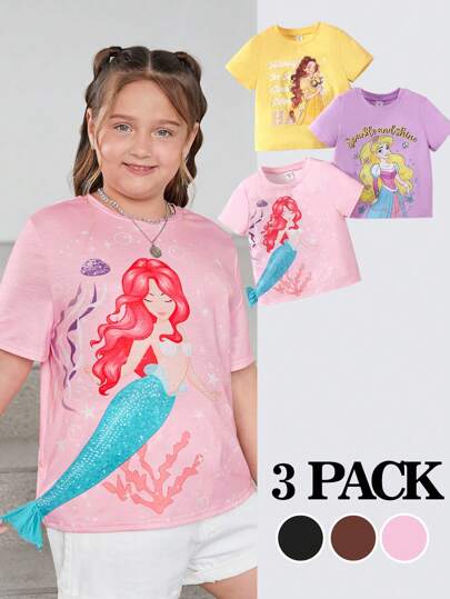 SHEIN Tween Girls Extended Size, 3pcs Knitted Round Neck Short Sleeve Tops For Daily, Commuting And Casual Wear In Spring And Summer