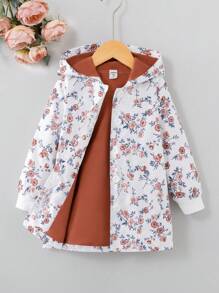 SHEIN Young Girls' Digital Printed Floral Pattern Hooded Jacket With Button Details - Multicolor - View 1