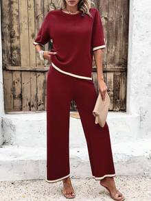 Women's Fashion Knitted Short Sleeve Set - Burgundy - View 6
