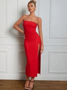 Hauture 鲜红色中长连衣裙，带围脖领口和侧面纽扣细节 - 紅色 - 查看 1