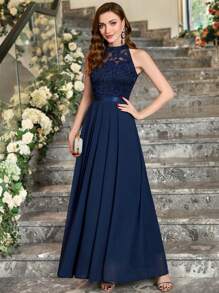 MIUSOL Halter Neck Lace Pleated Hem Chiffon Formal Party Dress