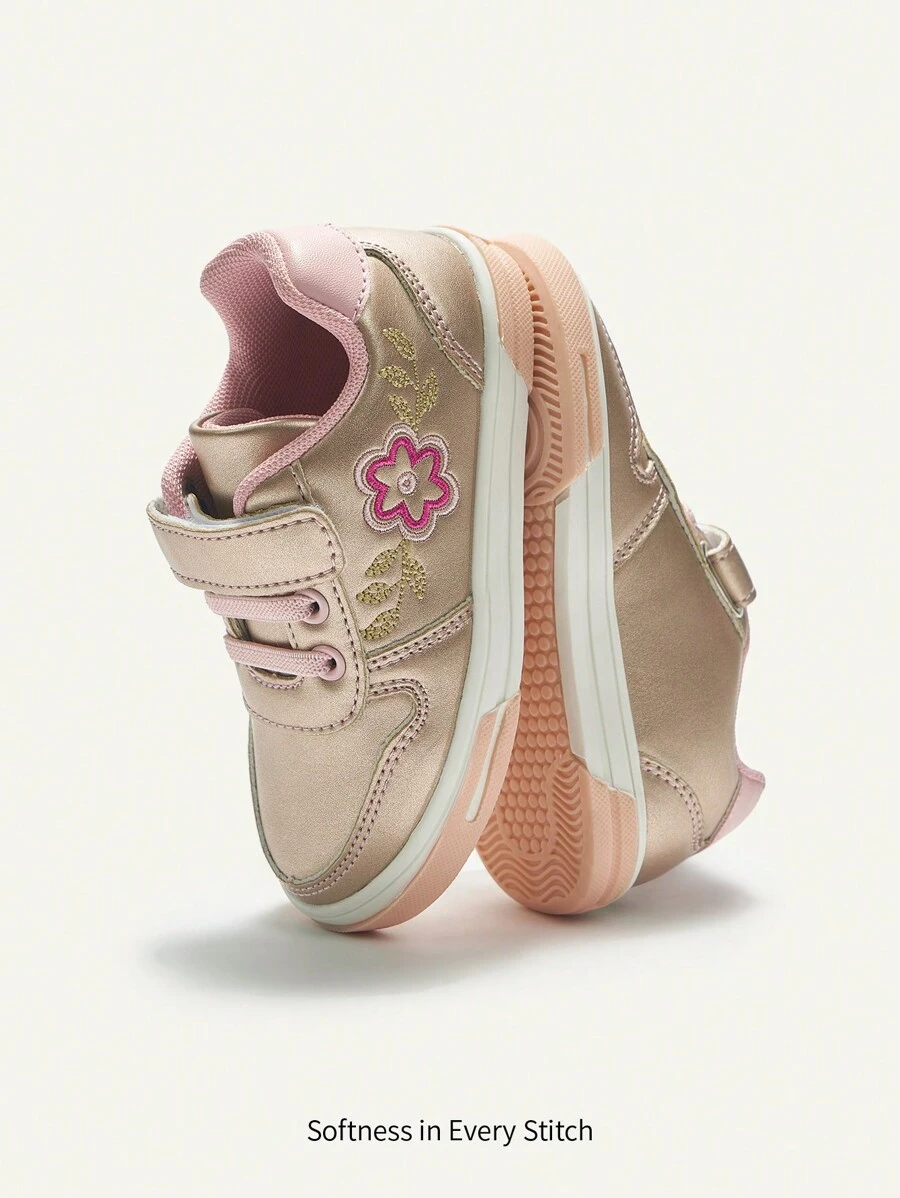 Cozy Pixies Sporty Skate Shoes For Girls, Metallic Floral Pattern Embroidery Detail Lace-up Front Sneakers - Multicolor - View 1