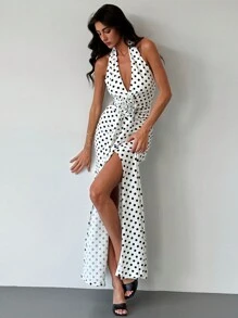 Aloruh New Elegant Heavy Handmade Twist Flower 3D Floral Decoration Sexy Deep V-Neck Backless Waist-Hugging Mermaid Red Cocktail Dress For Date Night,Polka Dot Dress - Black and White - View 7