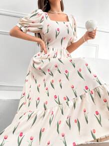 Modelyn Floral Print Square Neck Puff Sleeve Ruffle Hem Dress, Perfect For Beach/Casual/Vacation/Evening Or Any Other Formal Occasions