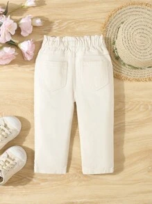 Baby Girls' Paperbag Waist Rainbow Heart Embroidery Casual Vacation Countryside Khaki Jeans,Holiday,Summer,Travel - Apricot - View 2