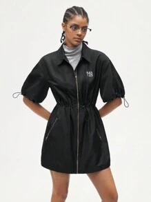 Maija Women's Black Lapel Front Zip Pocket Pleated Letter Print Casual Jacket, For Autumn Back To School - Black - View 6