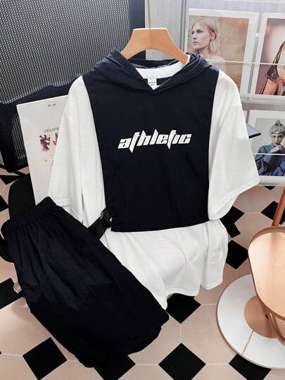 帶印花信封的青少年男孩時尚街頭風短袖T卹和牛仔短褲套裝