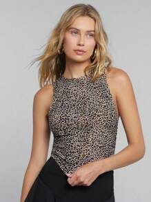 Easelle Summer Digital Printed Pink Leopard Knitted Tank Top - Multicolor - View 3