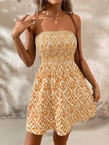 SHEIN LUNE Women's Summer Holiday Casual Geometric Print Strapless Shirred Dress - Yellow - View 3