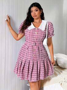 Flirla Plus Size Peter Pan Collar Puff Sleeve Dress With Ruffles Hemline - Pink - View 6