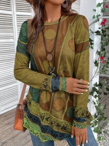 EMERY ROSE Women's Round Neck Printed Loose Comfortable & Soft Stylish Long Sleeve T-Shirt - Multicolor - View 3