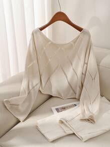 SHEIN Privé Plus Size Elegant Casual Vacation Home Hollow Textured Knitted Open Shoulder Sexy Personalized High Street Off Shoulder Pullover Warm Long Sleeve Sweater, Fall/Winter Back To School - Apricot - View 2