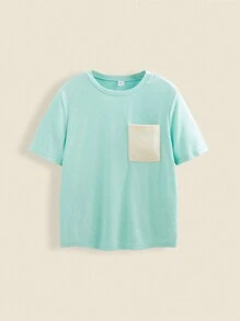 SHEIN Teens Boys' Contrast Color Pocket Soft Terry Crew Neck Loose Casual T-Shirt For Back To School Season - Green - View 1
